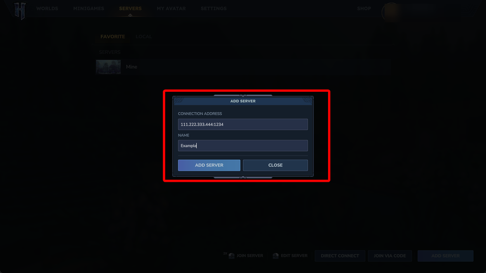Hytale add server window prompting for server address and name.