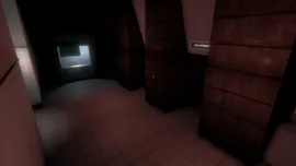 Dimly lit, empty corridor with tiled floor, large dark pillars, and a small illuminated window on the left wall.