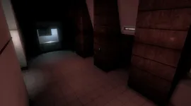 Dimly lit, empty corridor with tiled floor, large dark pillars, and a small illuminated window on the left wall.
