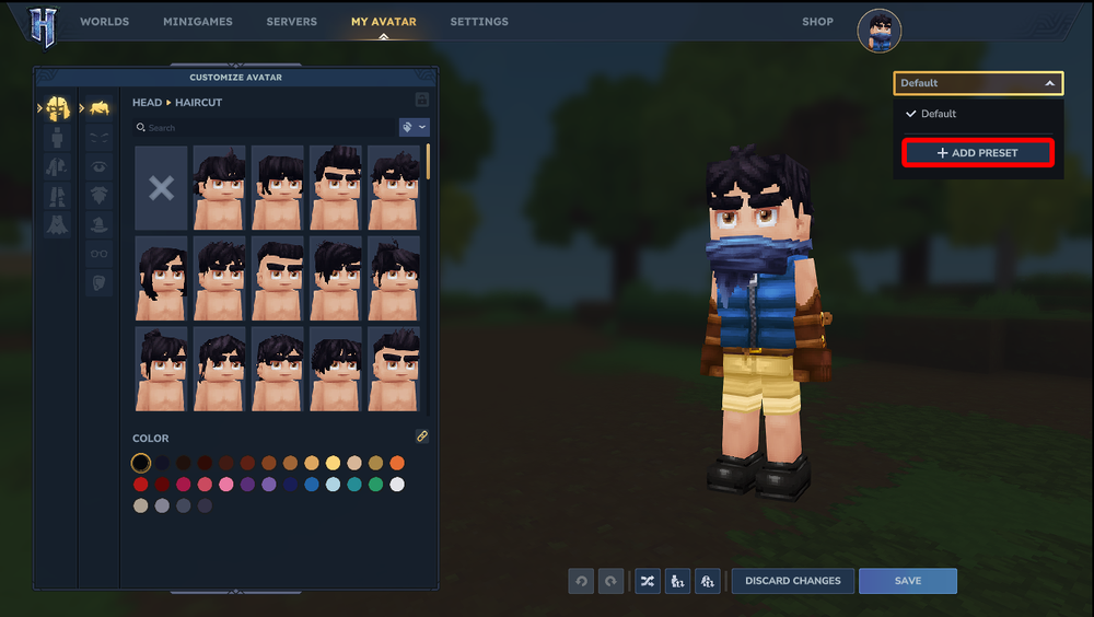 Hytale avatar customization menu displaying Add Preset option to create and save a new avatar preset.
