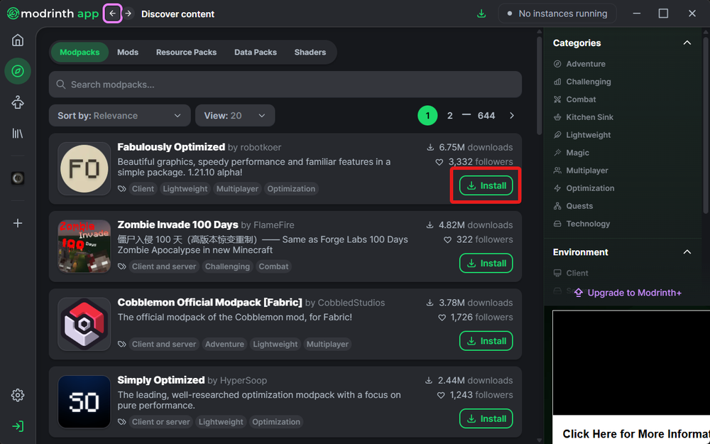 Screenshot of the Modrinth app showing a list of modpacks with download counts and 