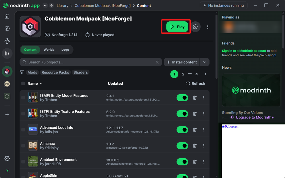 A screenshot of the Modrinth app showing the Cobblemon Modpack [NeoForge] page. The green Play button in the top right area of the modpack header is highlighted with a red rectangle. Below it is a list of installed mods with toggle switches.
