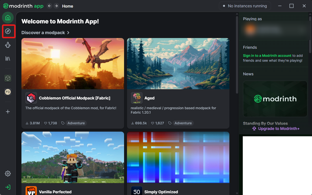 A screenshot of the Modrinth app home screen. The left sidebar is visible, and the Library icon is highlighted with a red rectangle. The main area displays featured modpacks such as Cobblemon Official Modpack [Fabric] and Aged.
