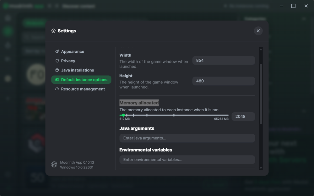 Settings window showing default instance options for a game launcher, including width, height, and memory allocation settings.