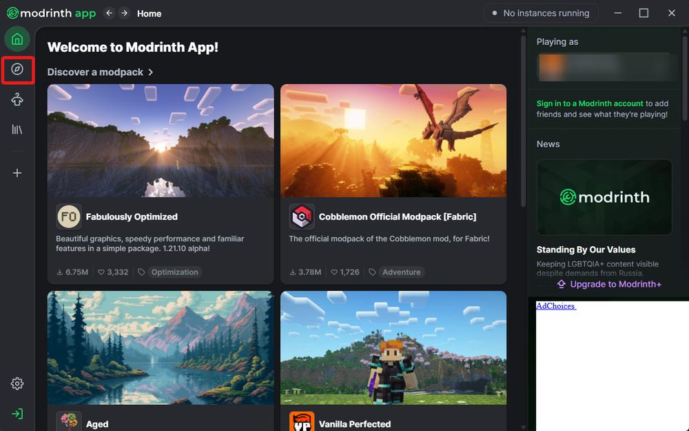 Modrinth app interface showing modpacks: Fabulously Optimized, Cobblemon, Aged, and Vanilla Perfected, with mod details and images.