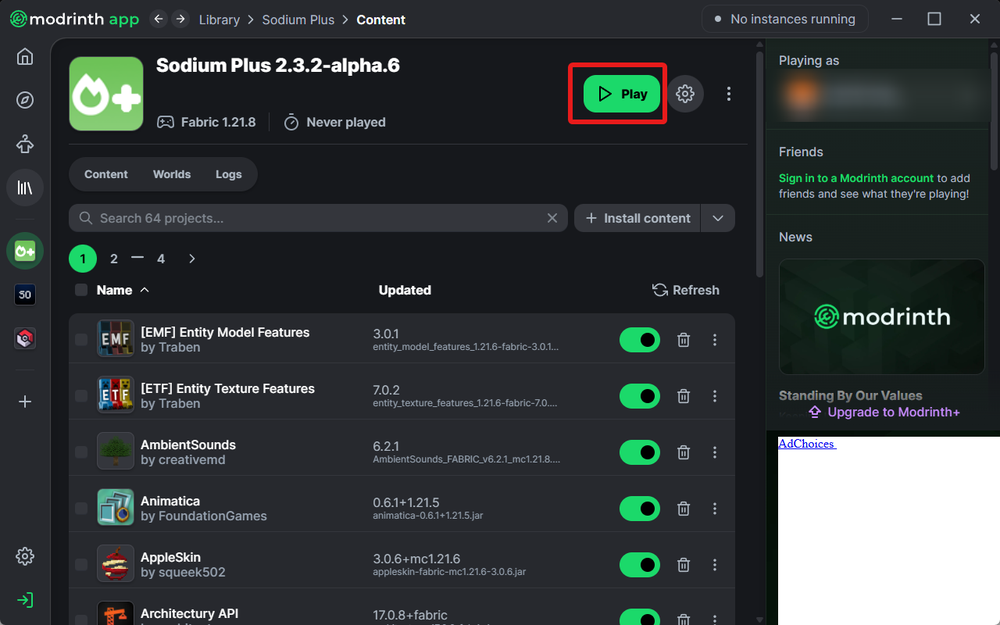 A screenshot of the Modrinth app showing the Sodium Plus 2.3.2 alpha modpack page. The green Play button in the top right area of the header is outlined in red. Below the header is a list of installed mods with toggles for enabling or disabling them.