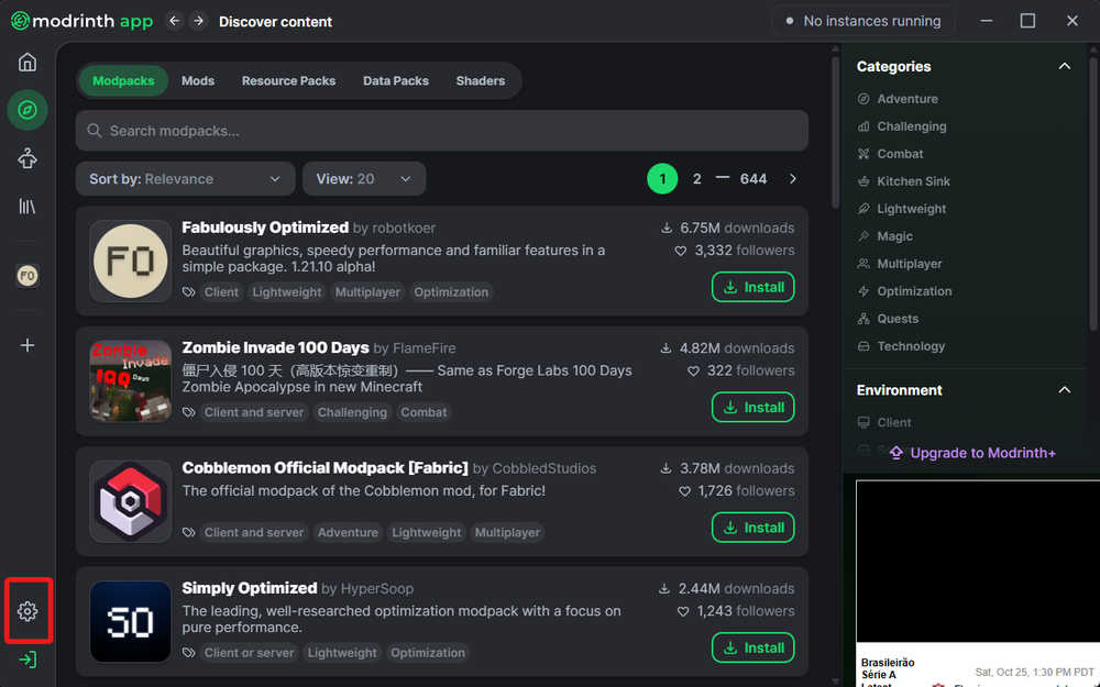 Screenshot of a modpack app interface showing a list of modpacks with details like name, creator, version, downloads, and install buttons.