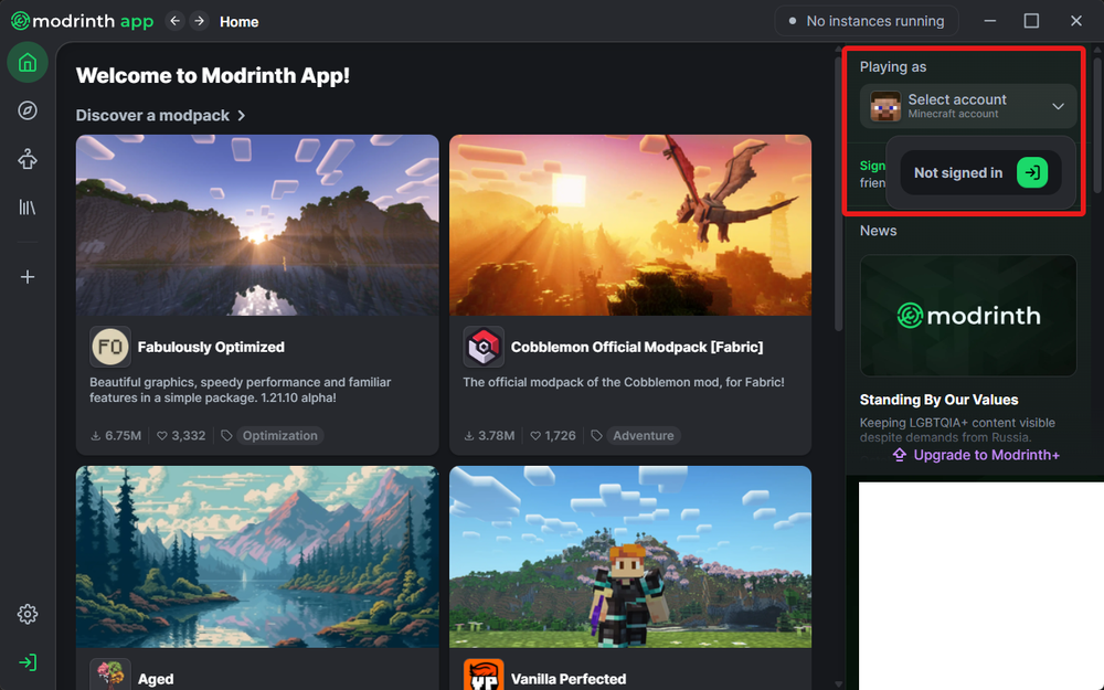 Modrinth app interface showing modpack options with images. Highlighted section on the right for account selection, currently not signed in.