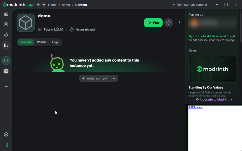 Screenshot of the Modrinth app interface showing a demo instance with no content added. Options to install content and upgrade are visible.