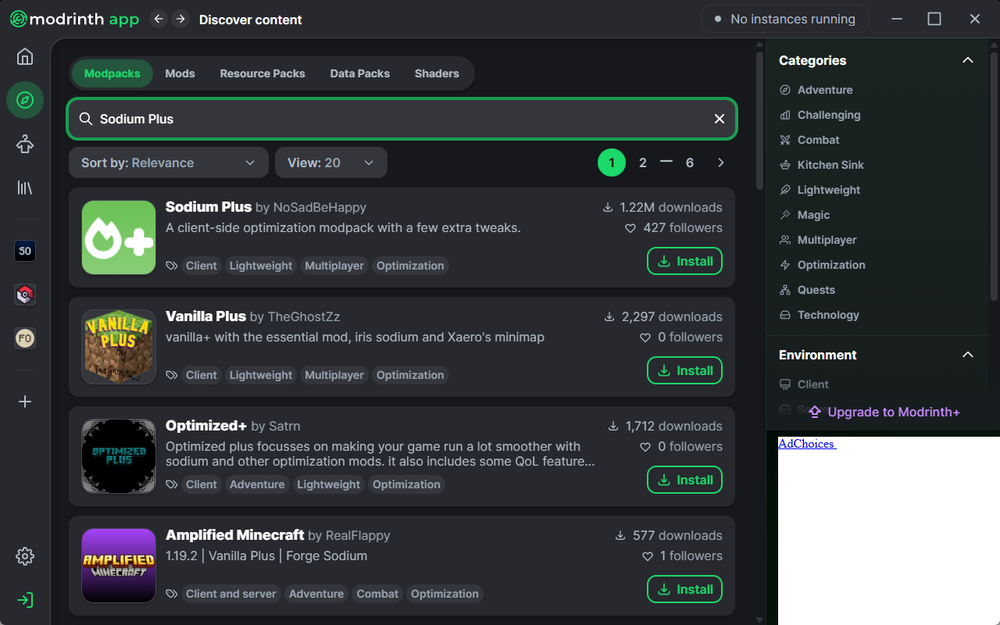 A screenshot of the Modrinth app on the Discover Content page. The search bar contains the text “Sodium Plus,” and the results list several modpacks, including Sodium Plus by NoSadBeHappy, Vanilla Plus, Optimized+, and Amplified Minecraft. Each entry shows download counts, follower counts, tags, and a green Install button.
