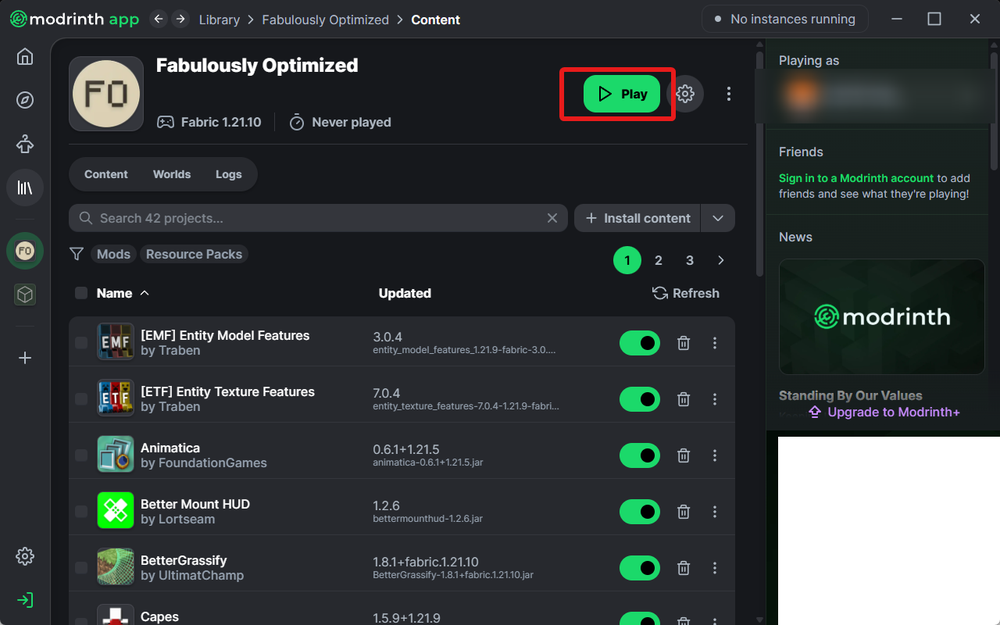 A screenshot of the Modrinth app displaying the Fabulously Optimized modpack page. The green Play button in the upper right of the header is outlined in red. Below the header is a list of installed mods with toggle switches for enabling or disabling each one.