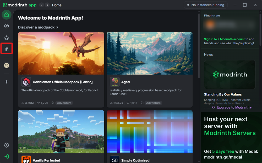 Modrinth app interface showing modpack options with images, including a dragon and landscapes, and a sidebar with a graph icon highlighted.