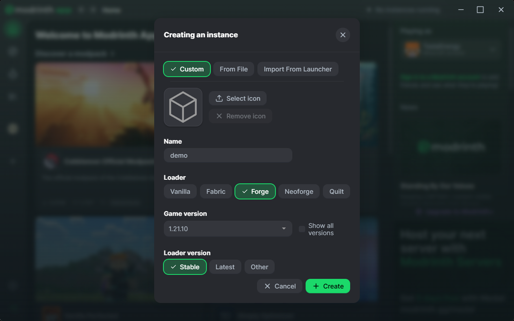 Screenshot of a software interface for creating an instance, showing options for custom settings, loader choice, and game version selection.