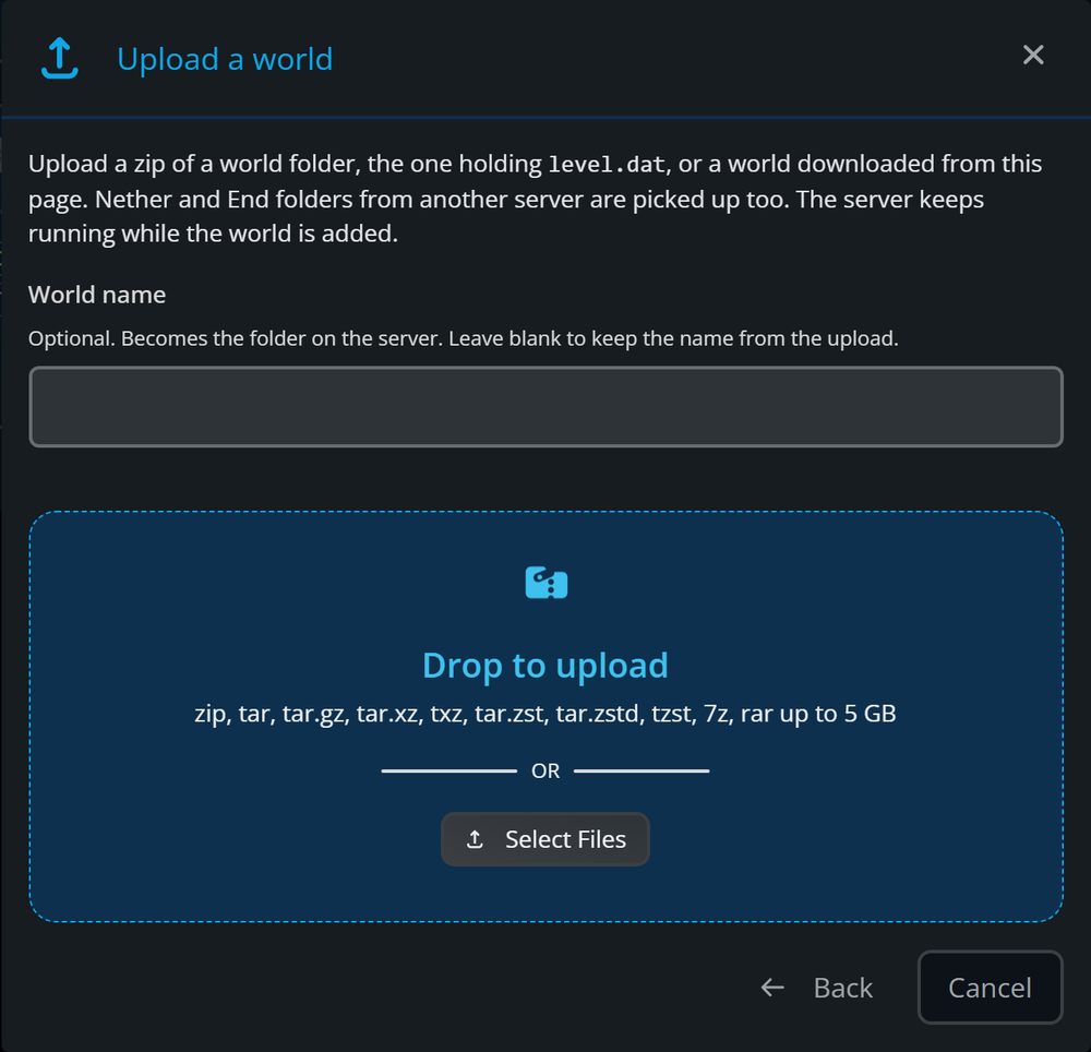 The Upload a world window with a file held over the upload box, which reads Drop to upload and lists the accepted formats up to 5 GB.