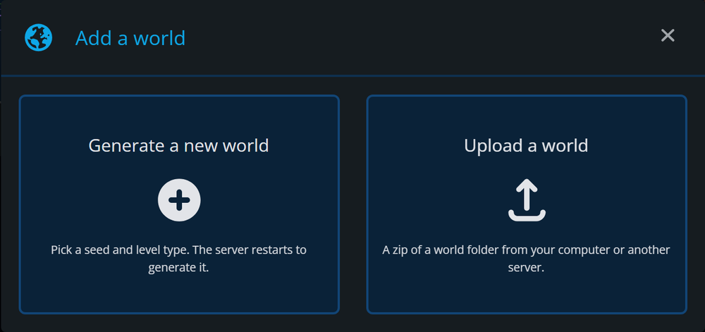 The Add a world window with two options: Generate a new world and Upload a world.