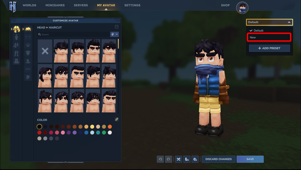 Hytale avatar customization screen showing preset selection dropdown for switching between saved avatar presets.