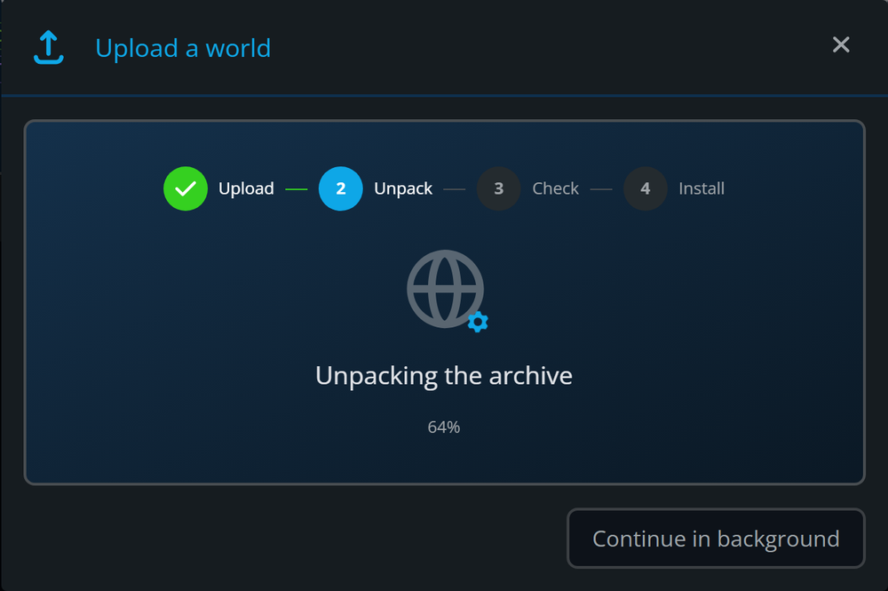 Upload progress with four steps: Upload complete, Unpack in progress at 64%, then Check and Install still to come.