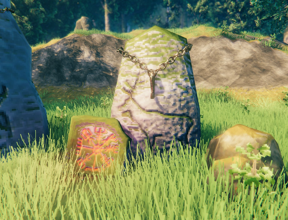 The Eikthyr Vegvisir located next to the Sacrificial Stones in Valheim.