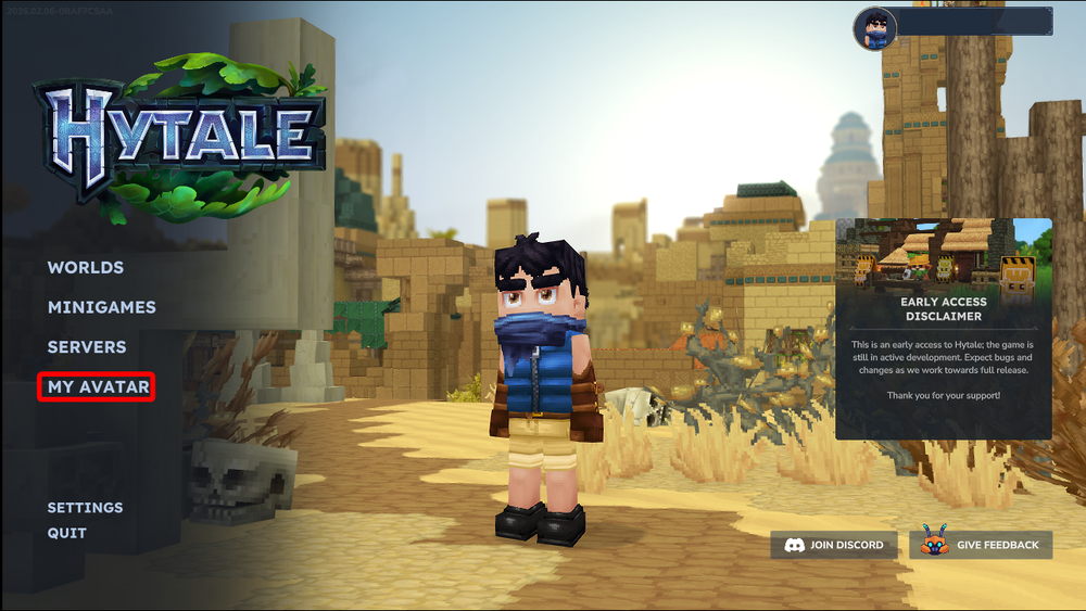 Hytale main menu with My Avatar option highlighted for accessing avatar customization and presets.