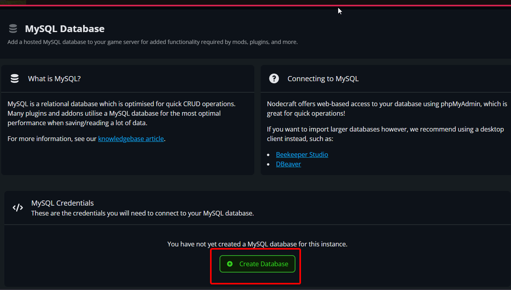 Screenshot of a MySQL database setup page showing options for creating a database, with a highlighted