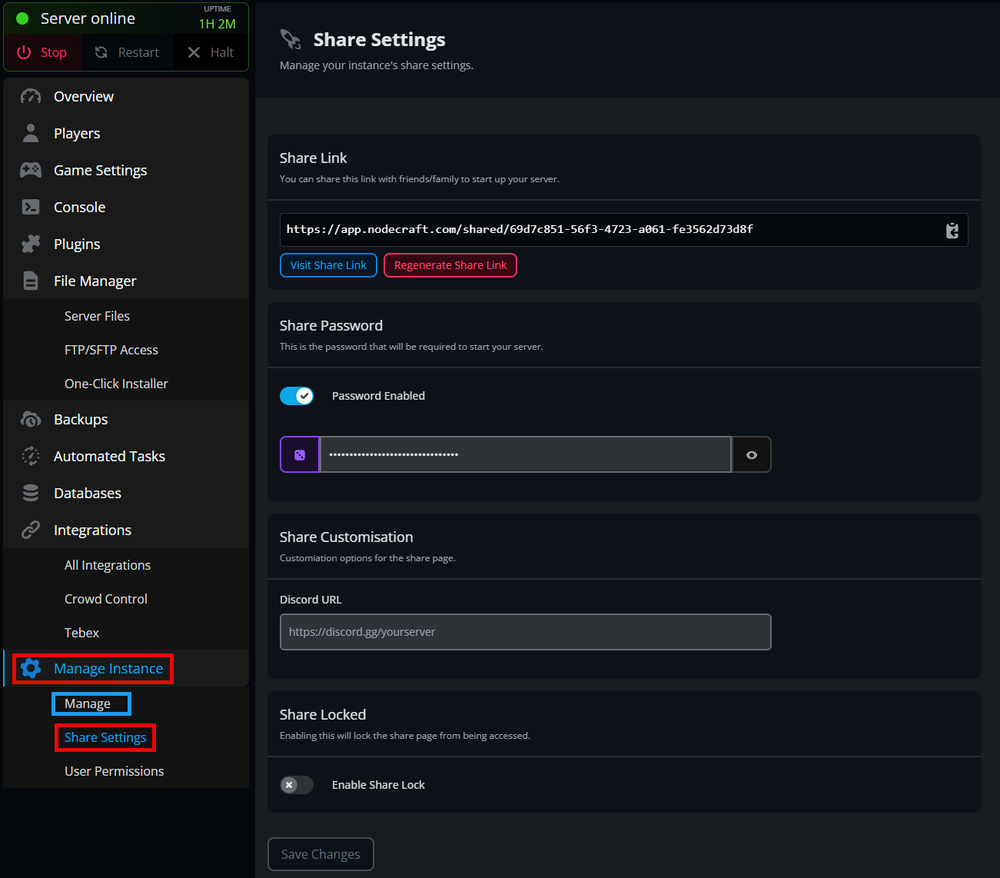 Server management interface showing share settings, including options for sharing links, passwords, and customization.