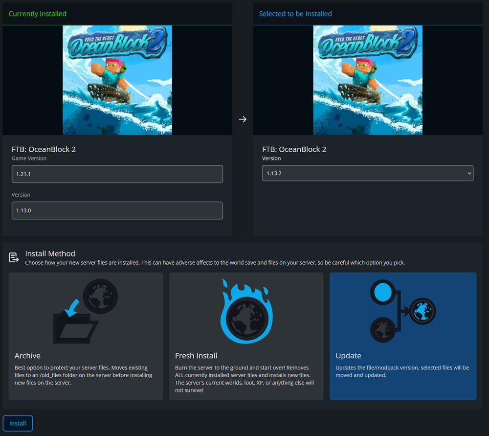 Nodecraft's one click installer for selecting the update method for updating a Minecraft modpack