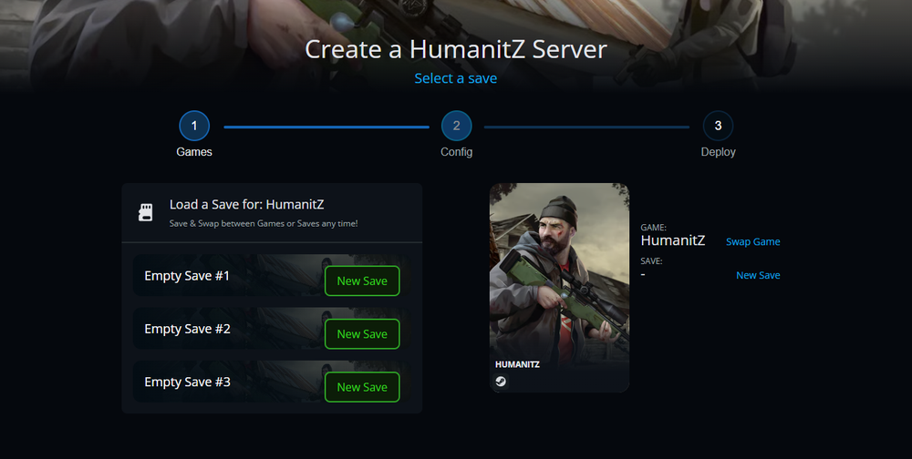 Creating a HumanitZ server: top progress steps; left save slots with New Save; right soldier-card labeled HUMANITZ.