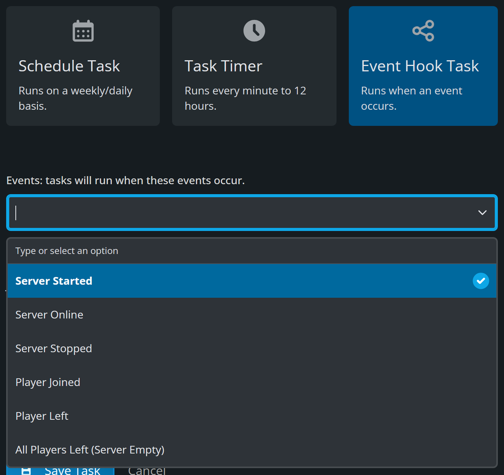 Event Hook Task trigger with the Events list open, showing Server Started, Server Online, Server Stopped, Player Joined, Player Left and All Players Left (Server Empty)