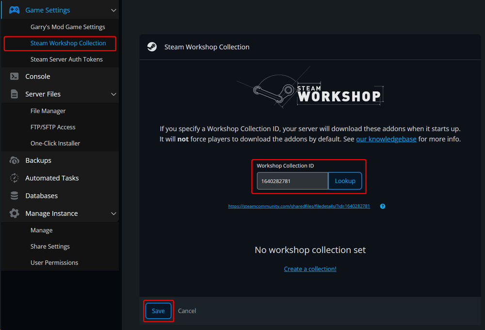 A screenshot of the panel highlighting how to access the Steam Workshop Collection tab.