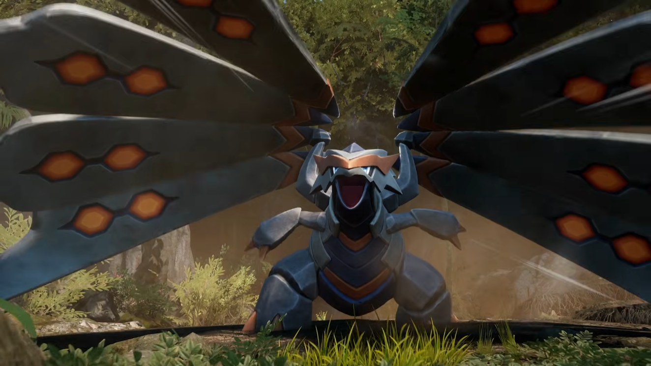 A heavily armored winged Pal featured in the Palworld 1.0 trailer, displaying metallic wings with glowing orange markings while preparing to attack.