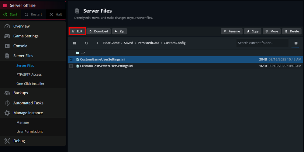 A server management interface showing server files with options to edit, download, and manage settings. The server is offline.