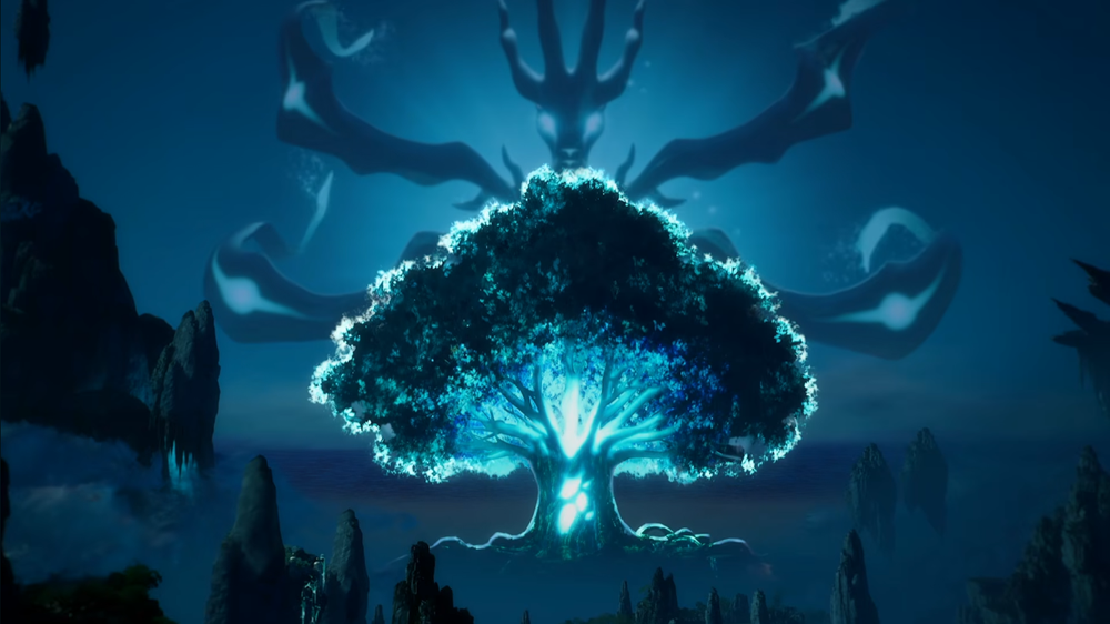 The World Tree illuminated with blue energy as a colossal guardian-like creature looms behind it, one of the major reveals from the Palworld 1.0 announcement trailer.