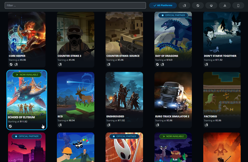 Numerous games on Nodecraft with Echoes of Elysium highlighted.