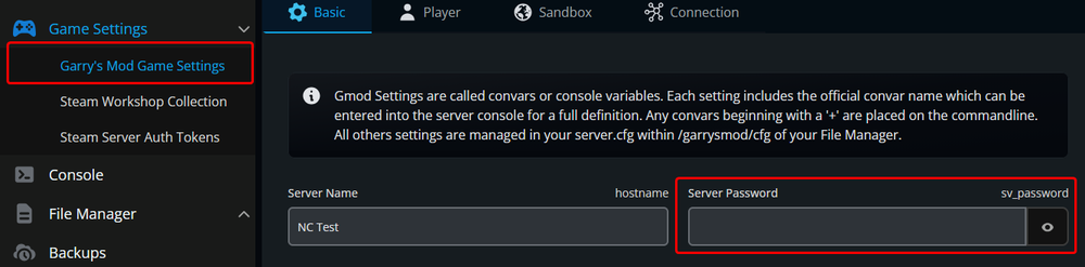 A screenshot of our panel depicting instructions how to navigate to the Server Password section.