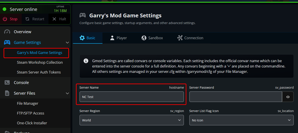 A screenshot displaying our panel with a way to navigate to our Game Settings
