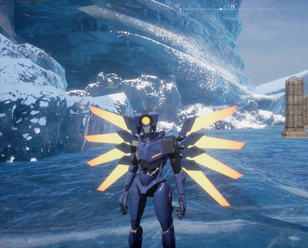 Player character wearing the ULTRAKILL V1 Armor in a snowy biome, featuring blue armor plating and glowing yellow wing like attachments.