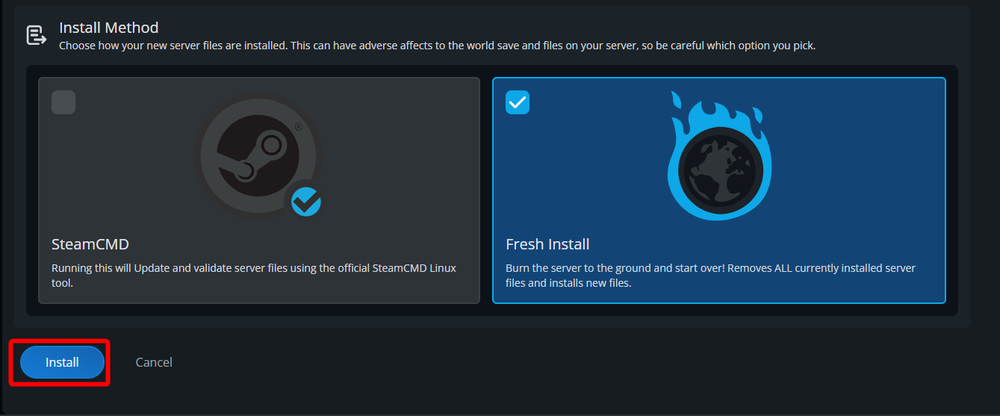 The Valheim Official installation page showing the available install methods, with Fresh Install selected and the Install button highlighted near the bottom-left corner.