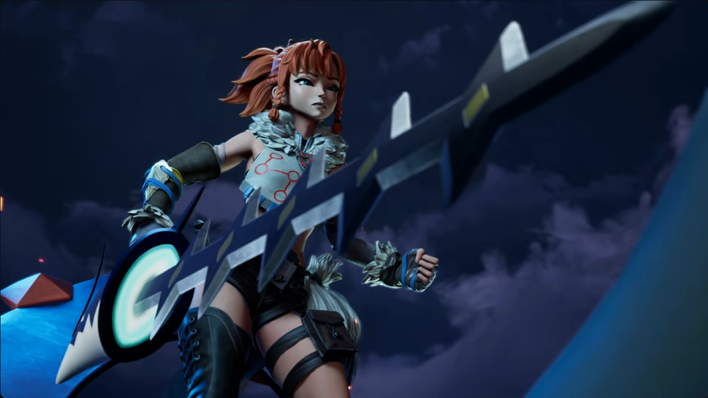 A player character wielding a large futuristic blade fish while facing an unseen threat during a nighttime battle sequence in the Palworld 1.0 trailer.