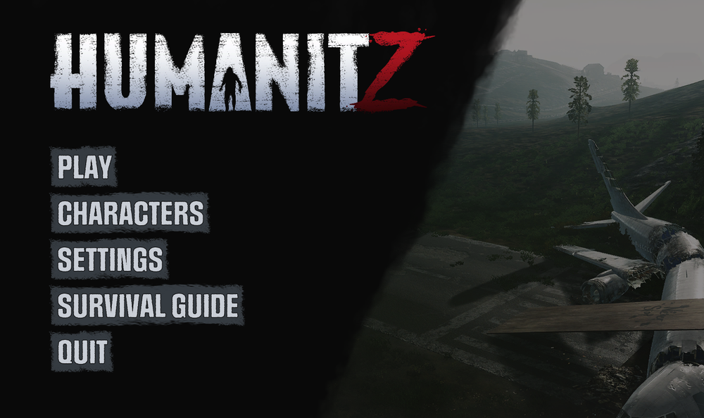 HumanitZ main menu with play, characters, settings, survival guide, and quit options.