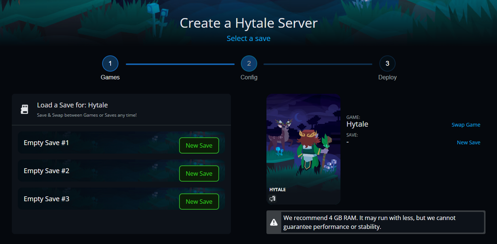 Hytale save selection screen displaying available empty save slots.