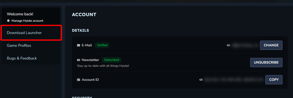 Dark dashboard: left menu shows Download Launcher; account panel lists Email (Verified) and Newsletter (Subscribed) with Change, Unsubscribe, Copy.