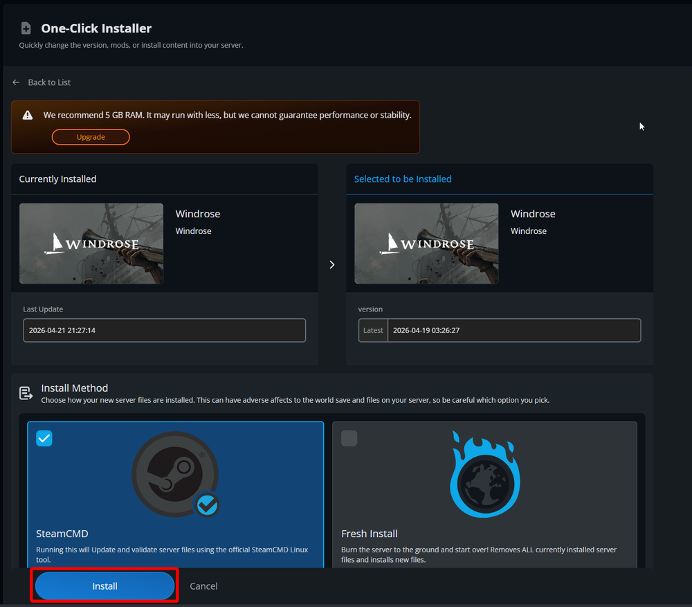 Windrose One-Click Installer page showing SteamCMD selected as the install method and the Install button highlighted.