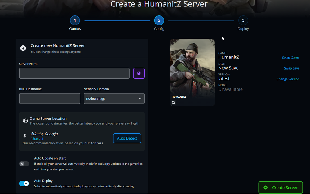 Create a HumanitZ Server wizard with step indicators; left form for server name and location; right game card; green Create Server button.