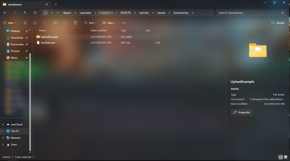 Windows File Explorer open to the StarRupture SaveGames folder showing a world folder and save data file.