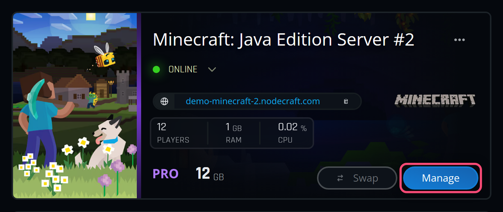 A Minecraft: Java Edition server card on the Nodecraft Dashboard, with the Manage button outlined in red.