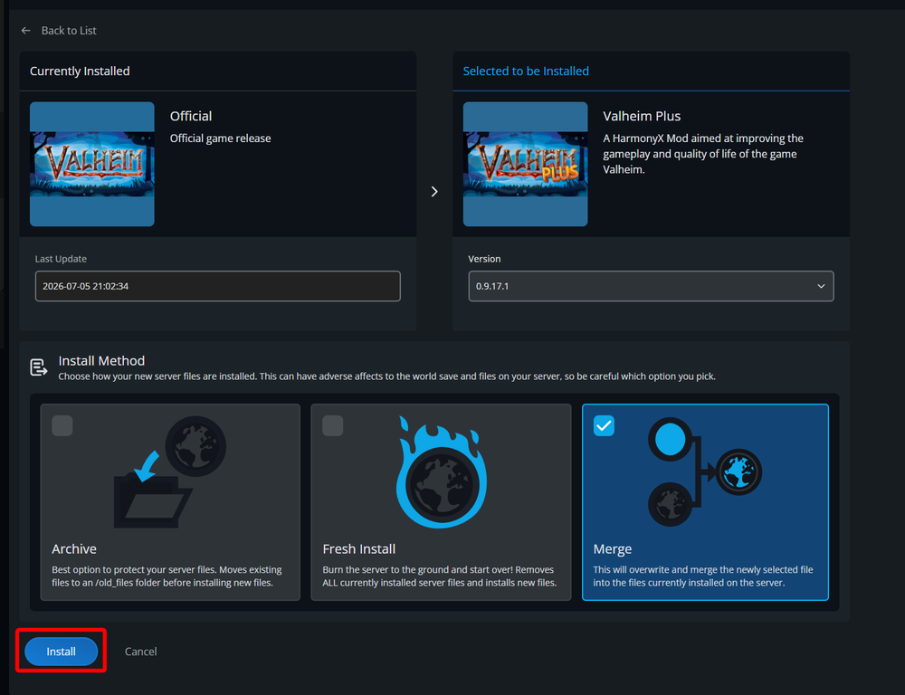 The Valheim Plus installation page showing the selected version, install method options, the Merge option selected, and the Install button highlighted.