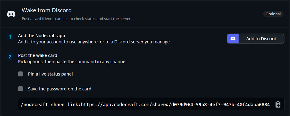 Discord-style screen titled 'Wake from Discord' showing steps to add the Nodecraft app, post the wake card with two checkboxes and a share link.