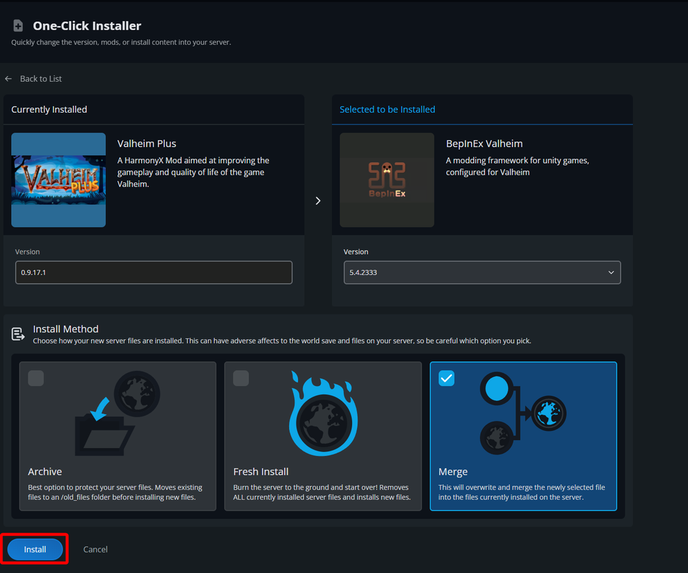 The BepInEx Valheim installation page showing the selected BepInEx version, the available install method options, Merge selected, and the Install button highlighted.
