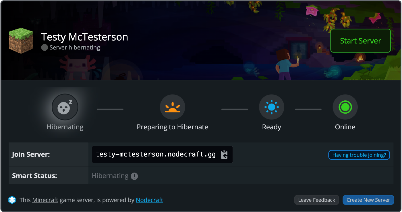 Minecraft server dashboard showing status as "Hibernating" with username "Testy McTesterson." Options to join or create a new server are visible.