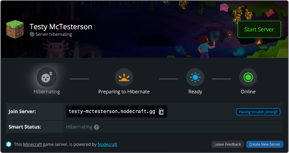Minecraft server dashboard showing status as 